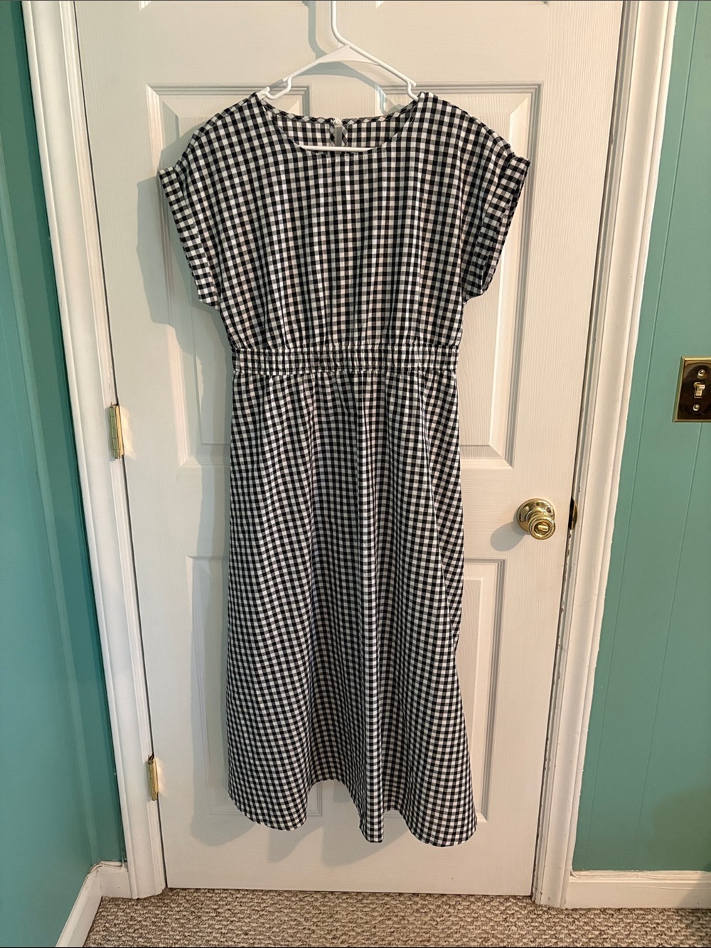 Black & White Gingham Midi Dress with Gathered Waist